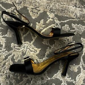 Vintage Nine West Strappy Heel Sandals Black Gold Y2K Minimalist Size 8.5